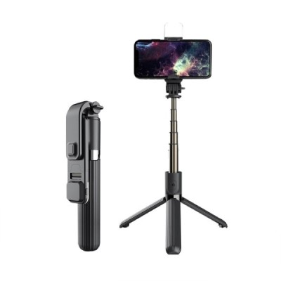 Selfie Stick Stabil Bluetooth, 84cm - Techsuit Remote and Tripod Mount LED (L03S) - Black
