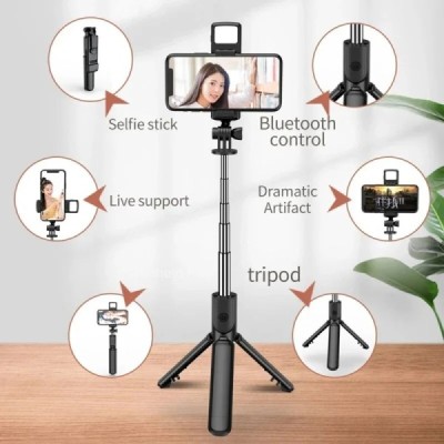 Mini Selfie Stick cu Telecomanda, LED, 67cm - Techsuit (S03-S) - Black