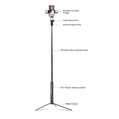 Selfie Stick cu Telecomanda si Lumina LED, 167cm - Techsuit (K30S) - Black