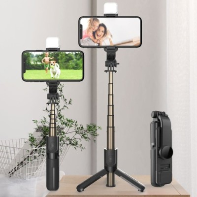 Selfie Stick Stabil cu Trepied si Lumina, 75cm, Mini - Techsuit (L11s) - Black