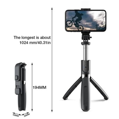 Selfie Stick cu Trepied si Telecomanda, 104cm - Techsuit (L02s) - Black