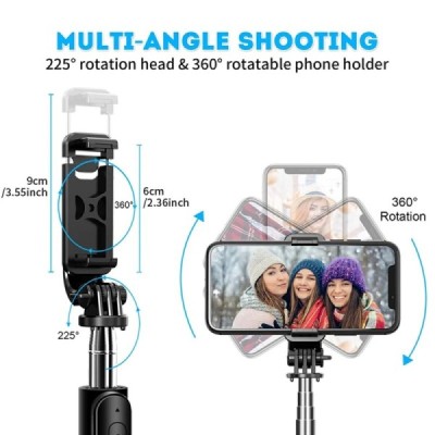 Selfie Stick Stabil cu Trepied si Telecomanda, 103cm - Techsuit (Q02) - Black